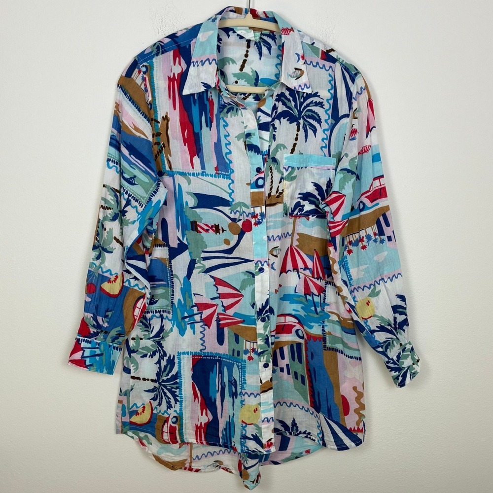 True Destinations Tropical Postcard Print Button Down Shirt Women's XS Summer